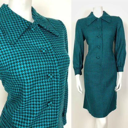 VTG 60s 70s PINE GREEN BLACK DOGTOOTH DAGGER COLLAR SHIRT SHIFT DRESS 8 10 12