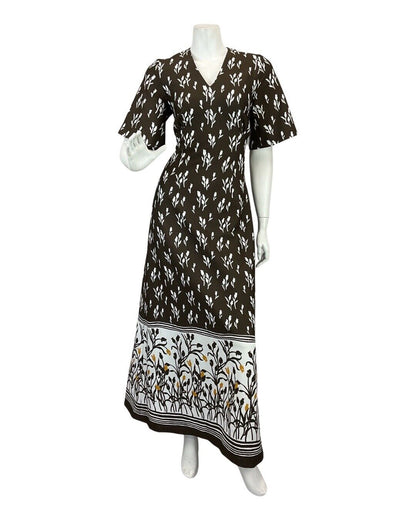 VINTAGE 60s 70s BROWN WHITE TULIP FLORAL BOHO MOD MAXI DRESS 10 12