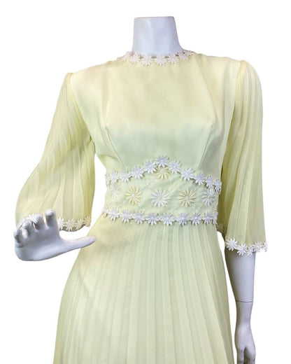 VINTAGE 60s 70s PASTEL YELLOW WHITE DAISY FLOWER BOHO MOD SHEER MAXI DRESS 10