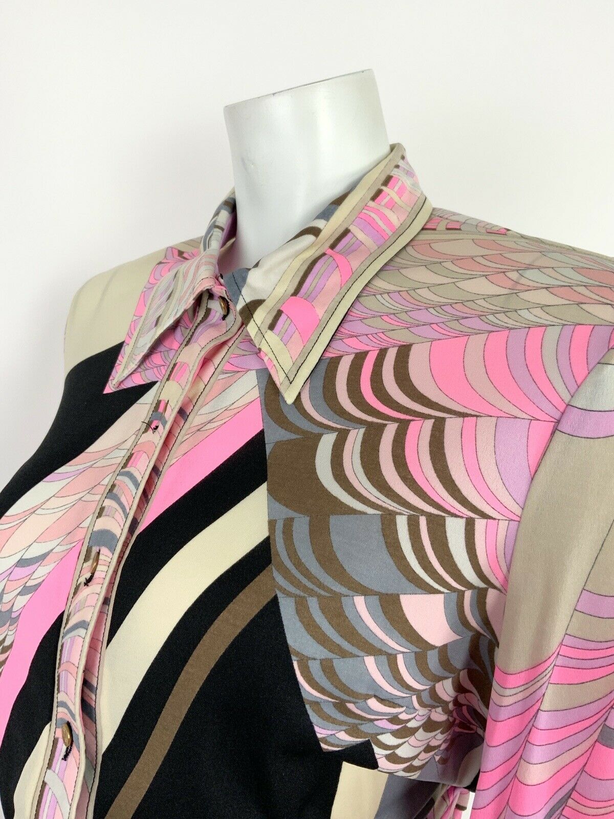 VTG 70s LEONARD PARIS BLACK GREY SILVER PINK OP-ART PSYCHEDELIC SHIRT 12 14