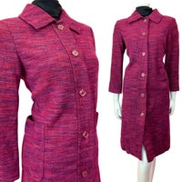 VINTAGE 60s 70s PURPLE PINK RED STRIPED MOD MIDI WOOL CAR COAT 14 16