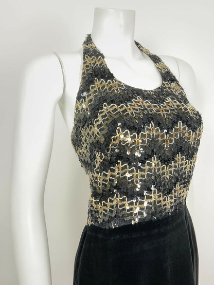 VINTAGE 60s 70s BLACK VELVET GOLD SEQUINNED DISCO STUDIO 54 HALTER DRESS 8 10