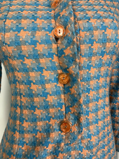 VINTAGE 60s 70s PASTEL ORANGE BLUE CHECKED HOUNDSTOOTH WOOL MOD SHIFT DRESS 8