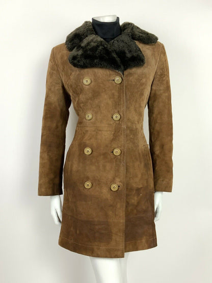 VTG 60s 70s BROWN BLACK SUEDE LEATHER FAUX FUR SHEARLING SHEEPSKIN COAT 12 14