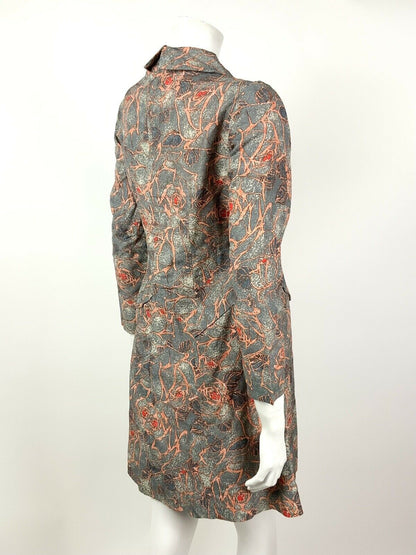 VINTAGE 60s 70s BLUE GREY ORANGE RED LEAF FLORAL ROSE SHIRT DRESS 10 12