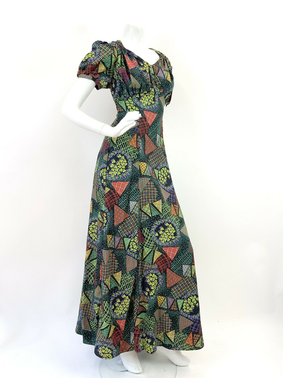 VINTAGE 60s 70s BLACK GREEN PURPLE PATCHWORK DAISY PSYCHEDELIC MAXI DRESS 10 12