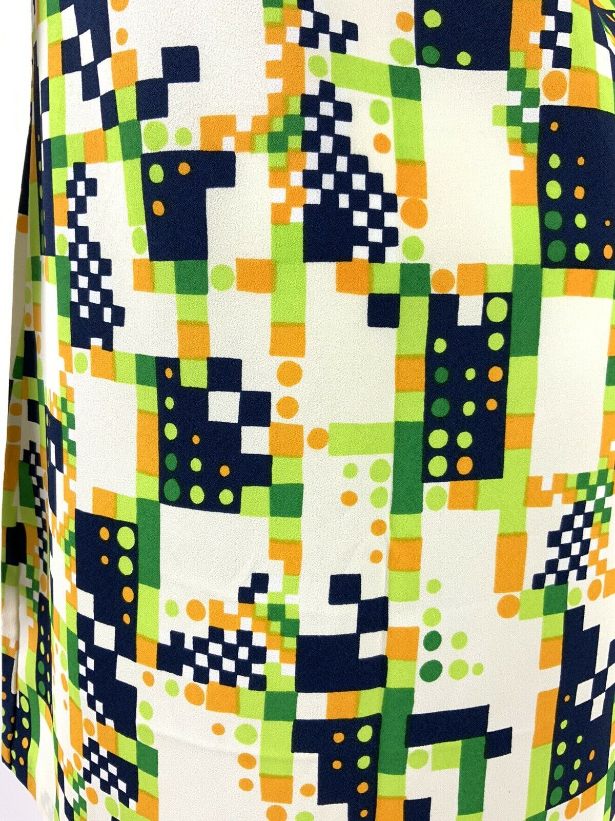 VINTAGE 60s 70s CREAM LIME GREEN BLUE ORANGE GEOMETRIC PIXEL SHIRT DRESS 10 12