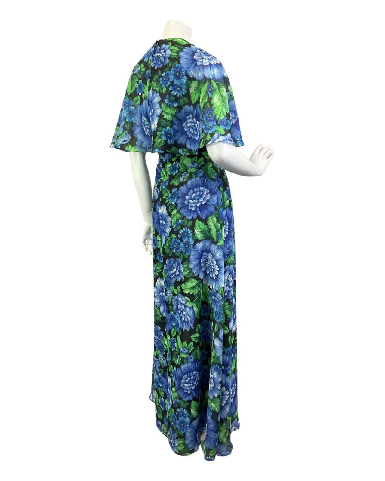 VINTAGE 60s 70s BLUE GREEN BLACK FLORAL CAPE SLEEVE SUMMER MAXI DRESS 10 12