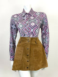 VINTAGE 60s 70s PURPLE WHITE GREEN BLACK GEOMETRIC AZTEC MOD DAGGER SHIRT 14 16