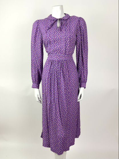 VINTAGE 60s 70s PURPLE GREEN PINK DOTTY DITSY PETER PAN BOW MIDI DRESS 8 10