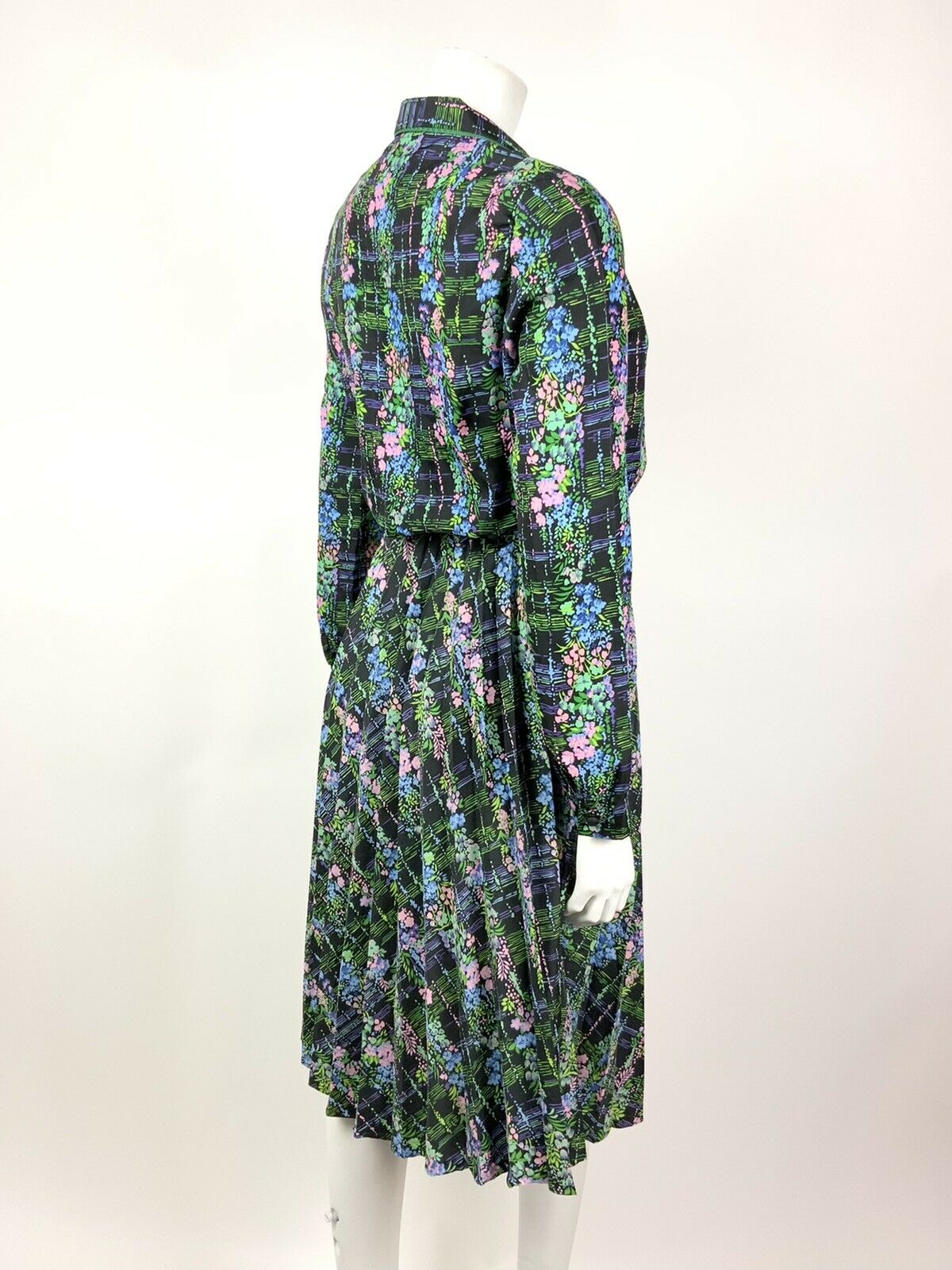 VTG 60s 70s BLACK BLUE PINK GREEN FLORAL PSYCHEDELIC PLEATED SHIRT DRESS 10 12