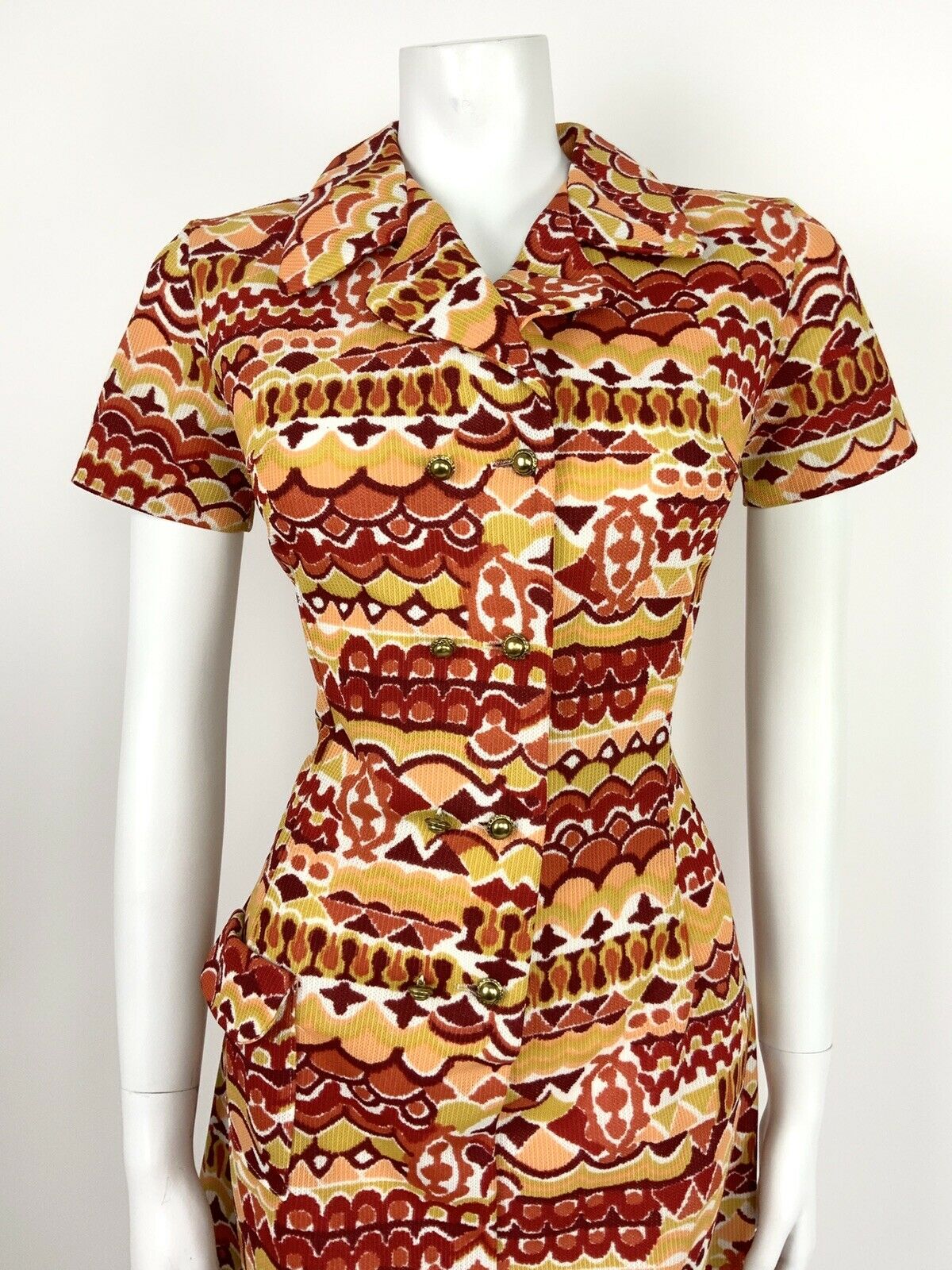 VINTAGE 60s 70s RED ORANGE YELLOW WHITE GOLD ABSTRACT PSYCHEDELIC SHIRT DRESS 12