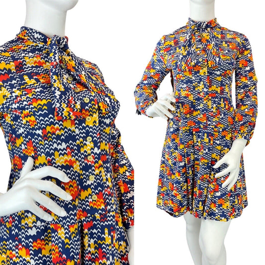 VINTAGE 60s 70s BLUE WHITE YELLOW CHEVRON ZIG-ZAG PUSSYBOW MOD DRESS 14 16