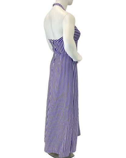 VINTAGE 60s 70s PURPLE SILVER STRIPED CUT-OUT DISCO PARTY HALTER MAXI DRESS 14