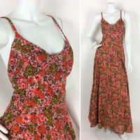 VTG 70S ORANGE RED GREEN BROWN LACE STRAPPY CROSS BACK MAXI DRESS 8