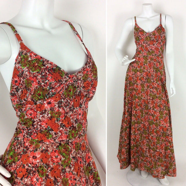 VTG 70S ORANGE RED GREEN BROWN LACE STRAPPY CROSS BACK MAXI DRESS 8