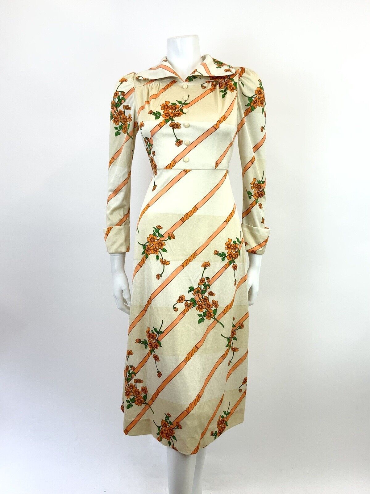 VINTAGE 60s 70s CREAM GOLD ORANGE STRIPED FLORAL ELEGANT WING COLLAR DRESS 8