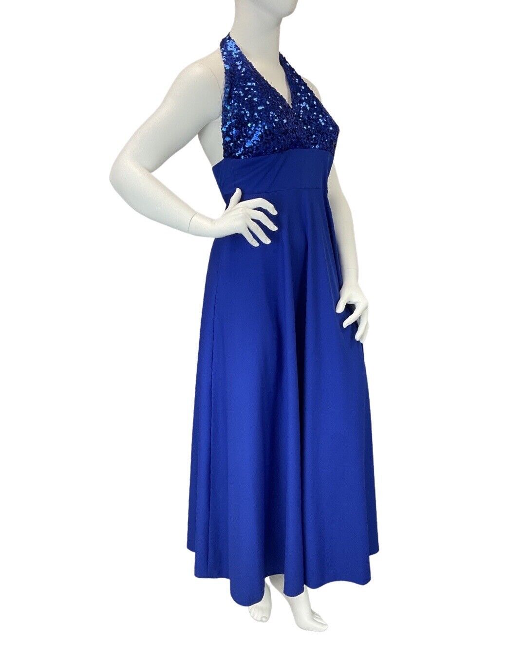 VINTAGE 60s 70s ROYAL BLUE SEQUIN HALTER DISCO STUDIO 54 MAXI DRESS 10 12