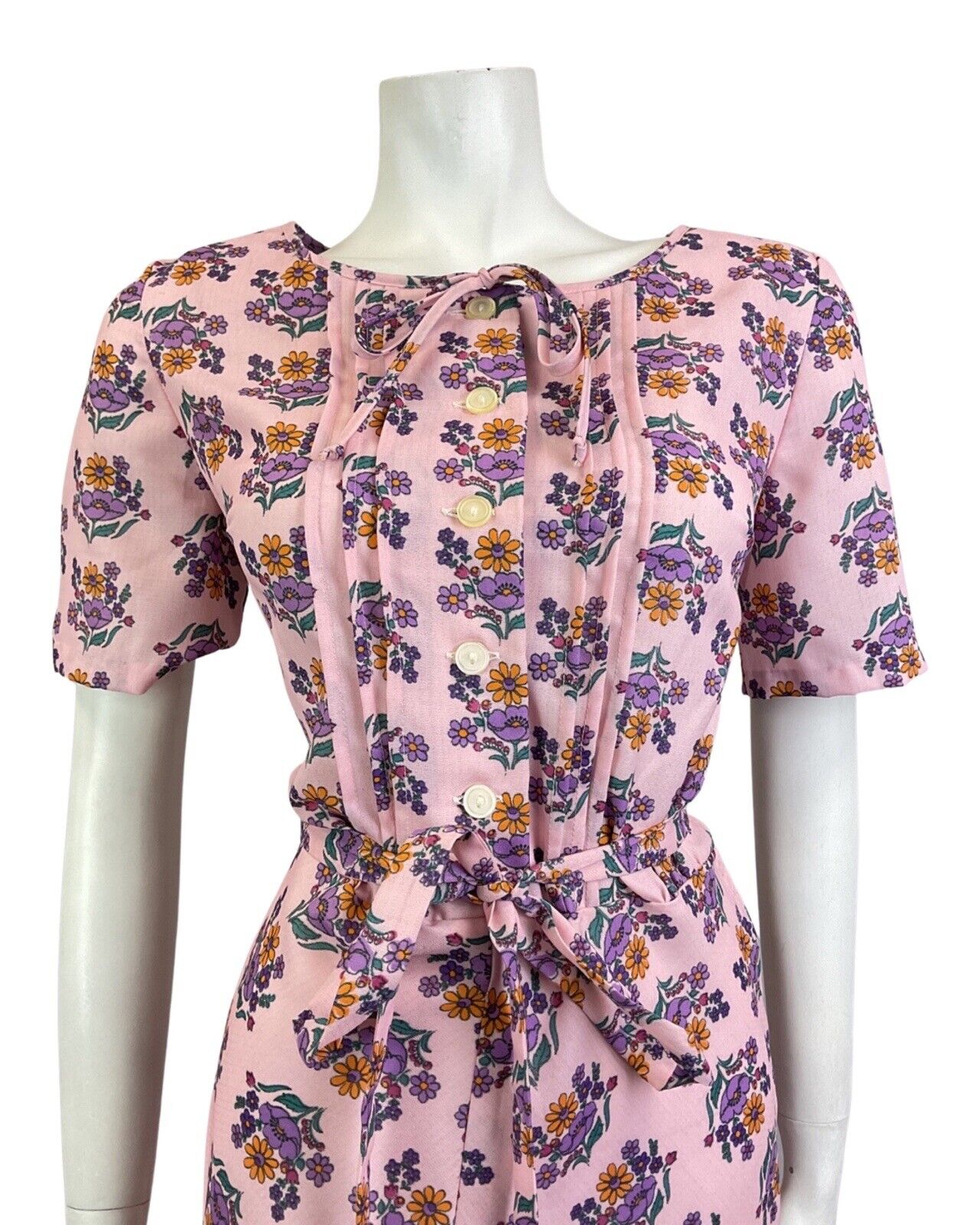 VINTAGE 60s 70s PINK PURPLE FLORAL BOUQUET BELTED SUMMER MIDI DRESS 12 14