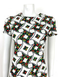VTG 60s 70s WHITE RED GREEN BLUE ABSTRACT FLORAL SUMMER SHIFT DRESS 8 10