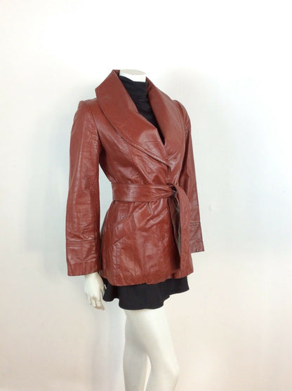 CLASSIC TRUE VINTAGE 60s 70s  BROWN BURGUNDY WINE LEATHER WRAP JACKET 8 10 12