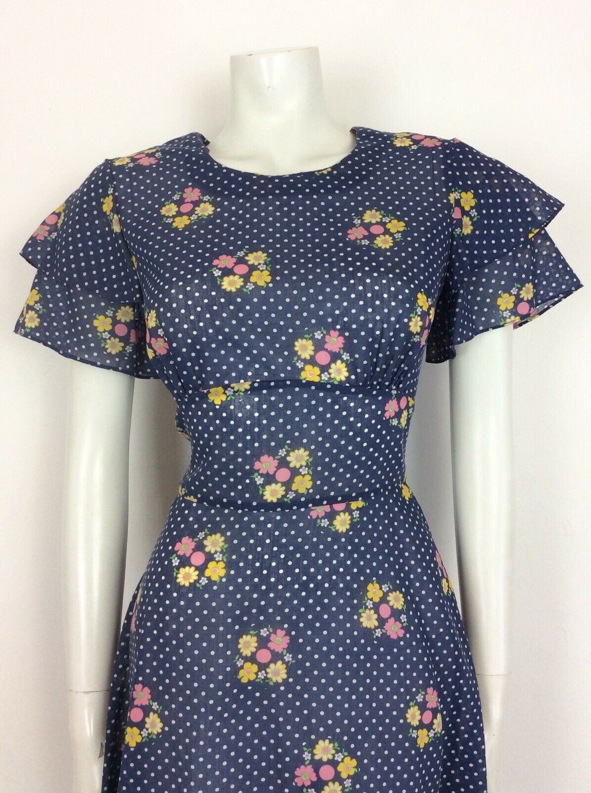 VINTAGE 60s 70s TEA DRESS POLKA DOT FLORAL RUFFLE BLUE WHITE PINK YELLOW 12