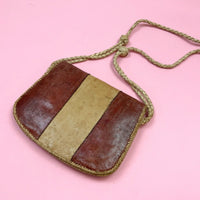 VINTAGE 60s 70s RED TAN LEATHER STRIPED BRAIDED MOD BOHO MINI SHOULDER BAG