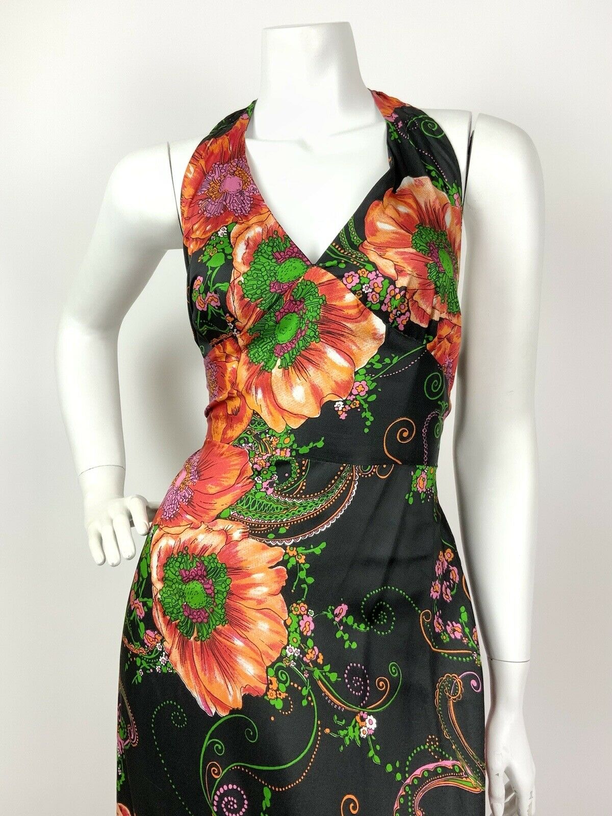 VINTAGE 60s 70s BLACK ORANGE GREEN FLORAL POPPY PAISLEY HALTER MAXI DRESS 10 12