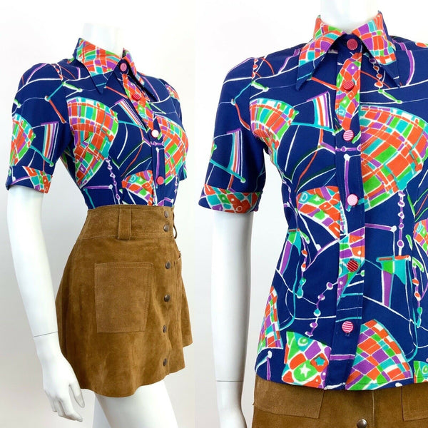 VTG 60s 70s BLUE ORANGE PURPLE GREEN ABSTRACT MOD PSYCHEDELIC DAGGER SHIRT 10 12