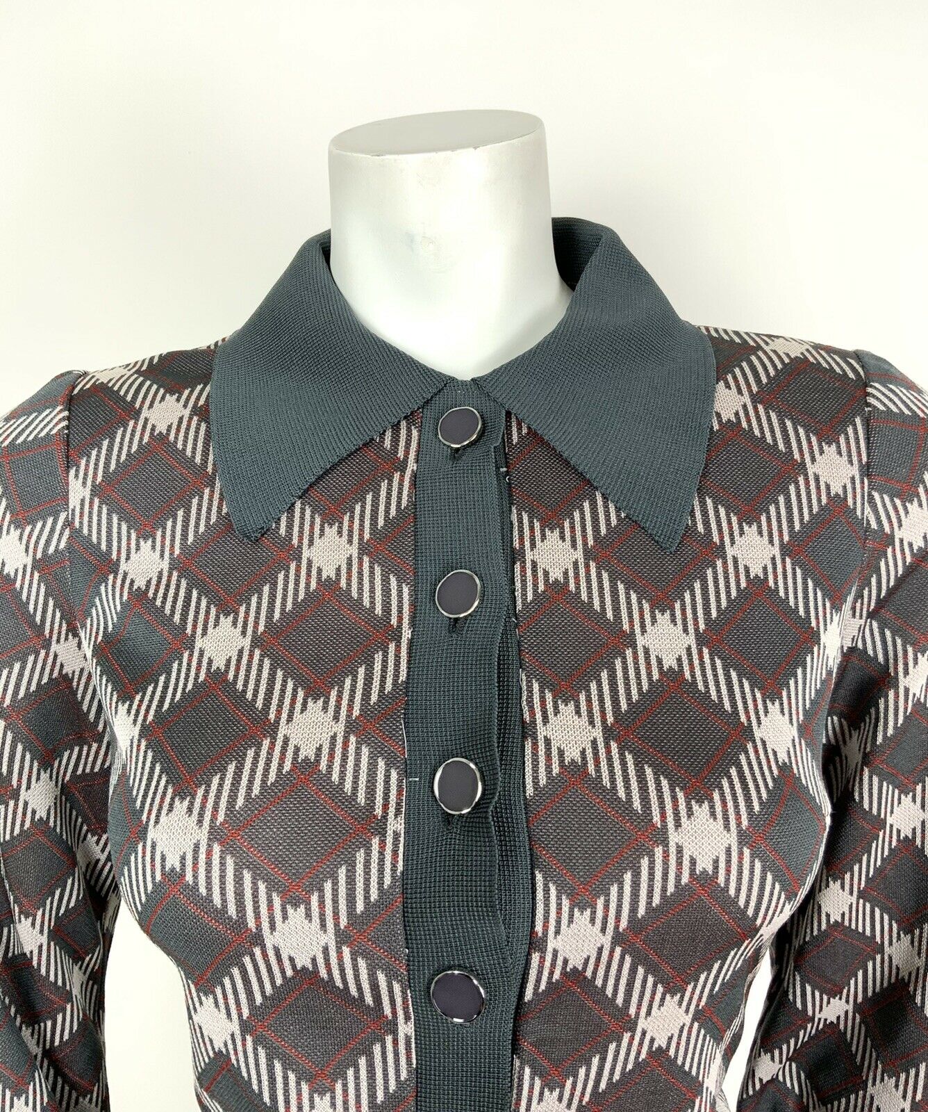 VTG 60s 70s GREY WHITE RED GEOMETRIC CHECKED SHIRT COLLAR MOD SHIFT DRESS 10 12