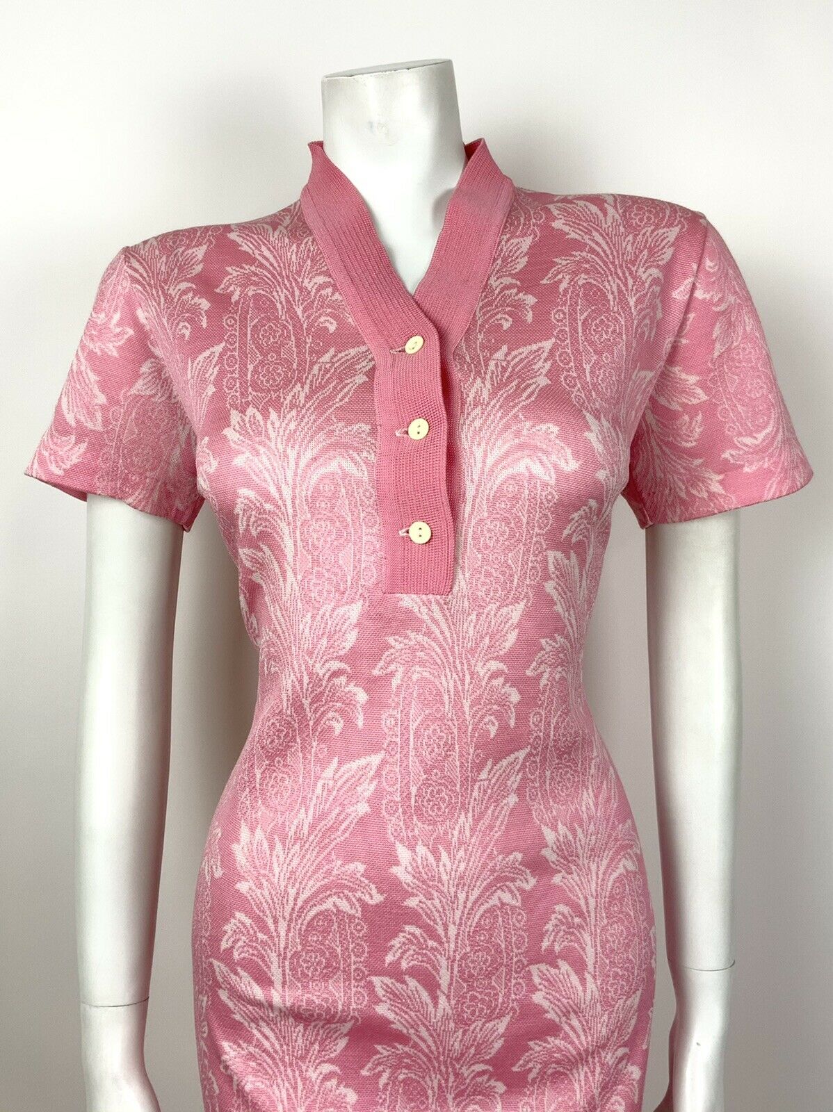 VINTAGE 60s 70s BABY PINK WHITE FLORAL PALM LEAF FITTED DRESS 14 16