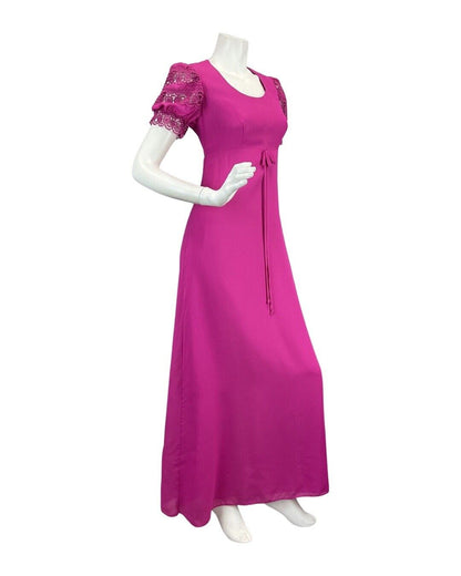 VINTAGE 60s 70s FUCHSIA PINK LACE EMPIRE LINE MOD MAXI DRESS 10