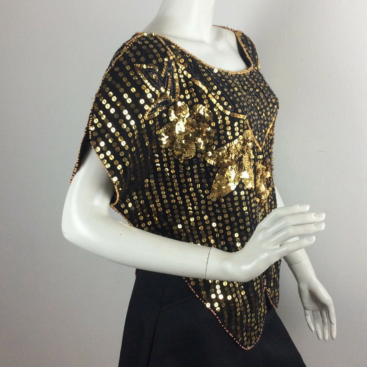 VINTAGE 1970’S BUTTERFLY TOP,BLACK, GOLD SEQUINS, BEADS, DISCO EVENING 8 10