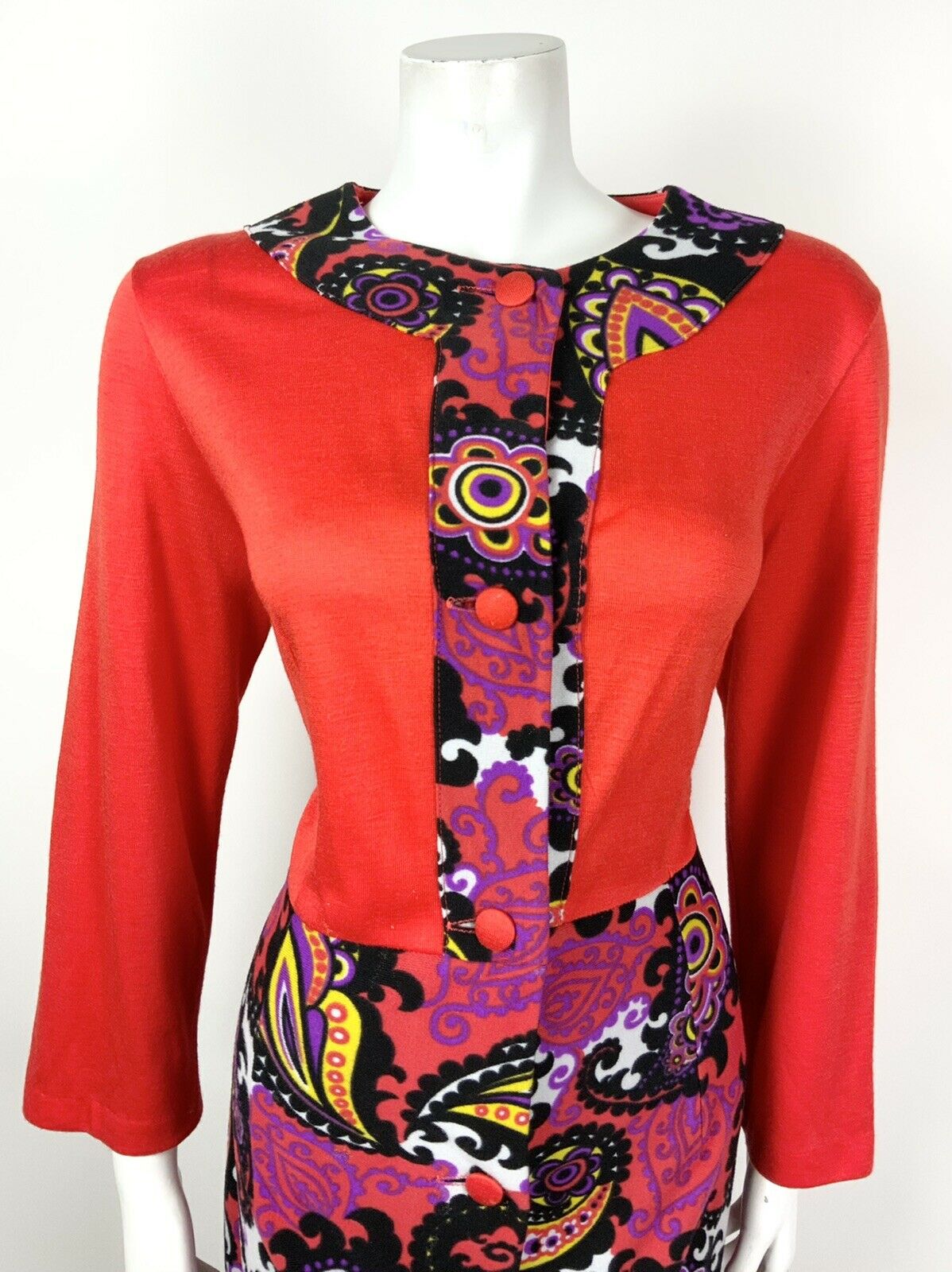 VTG 60s 70s RED BLACK PURPLE YELLOW PSYCHEDELIC FLORAL PAISLEY MAXI DRESS 16 18