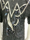 VINTAGE 70s 80s BLACK SILVER HOLOGRAPHIC SEQUINNED DISCO PARTY TOP BLOUSE 12 14