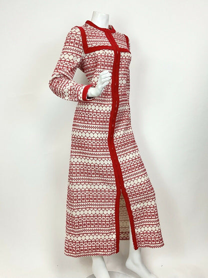 VINTAGE 60s 70s WHITE RED NORDIC SWEDISH GEOMETRIC KNITTED MAXI DRESS 12 14