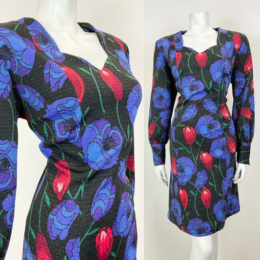 VINTAGE 60s 70s BLACK BLUE RED FLORAL ROSE TULIP LUREX PARTY GLAM DRESS 16 18