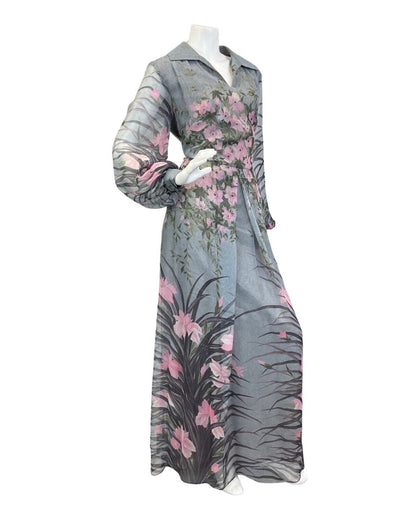 VINTAGE 60s 70s GREY PINK WHITE FLORAL BLOSSOM SHEER SHIRT COLLAR MAXI DRESS 14