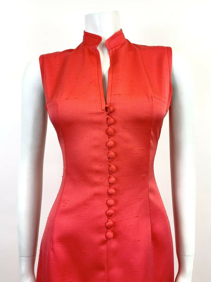 VINTAGE 60s 70s BRIGHT RED ELEGANT MANDARIN COLLAR STUDIO 54 MIDI DRESS 8 10