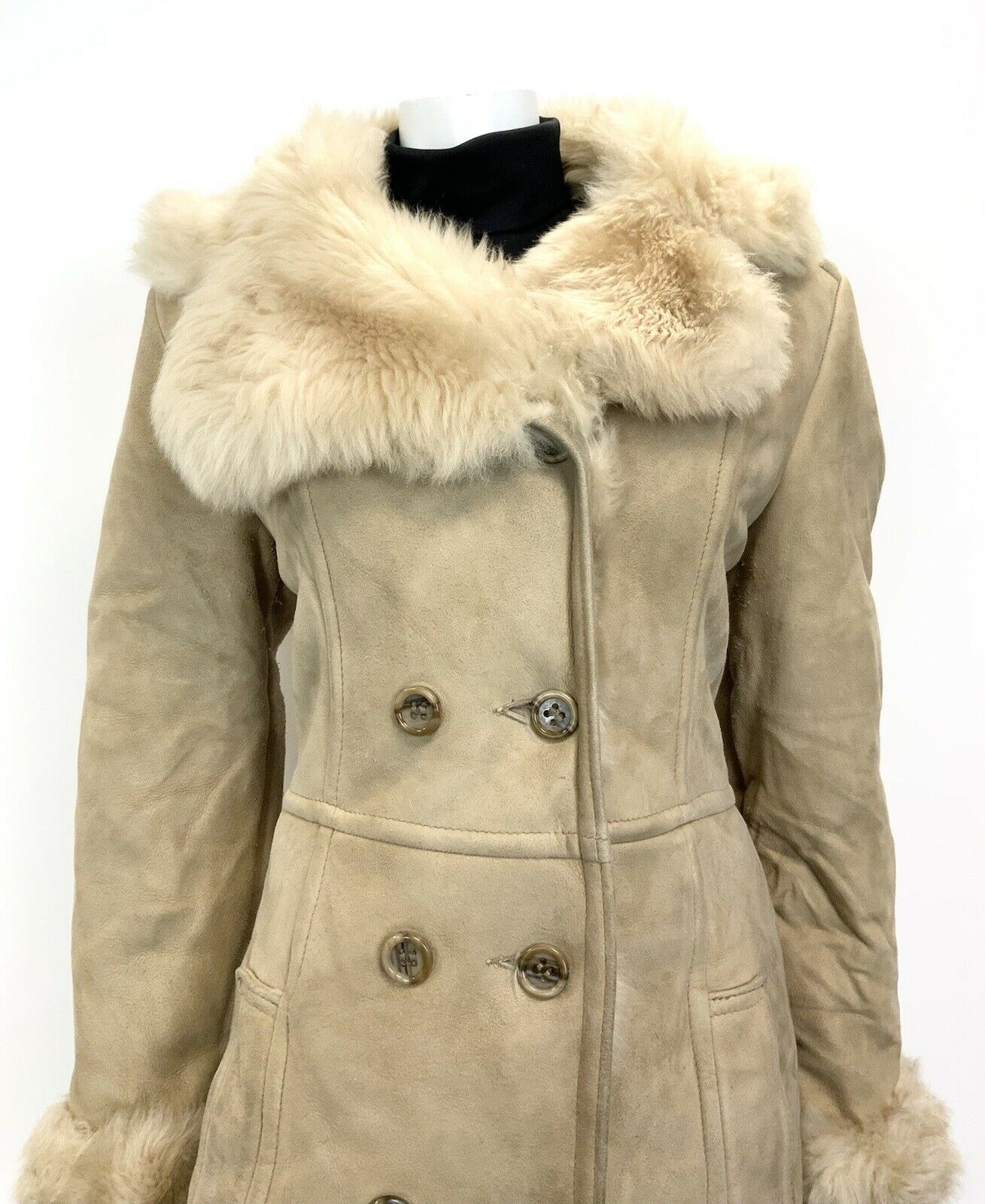 VINTAGE 60s 70s SAND BEIGE DOUBLE-BREASTED BOHO MOD SHEARLING PRINCESS COAT 14