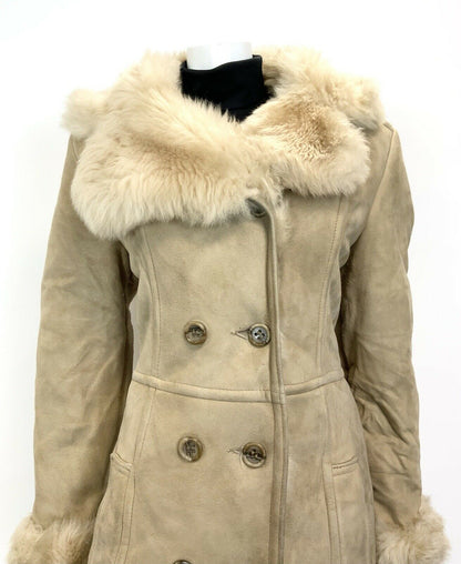 VINTAGE 60s 70s SAND BEIGE DOUBLE-BREASTED BOHO MOD SHEARLING PRINCESS COAT 14