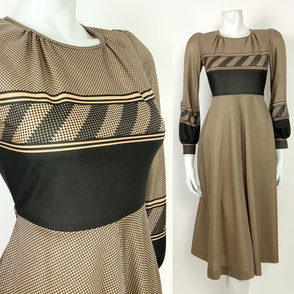 VTG 60s 70s BEIGE WHITE BLACK GRID GEOMETRIC POLKA DOT KNEE-LENGTH SWING DRESS 8