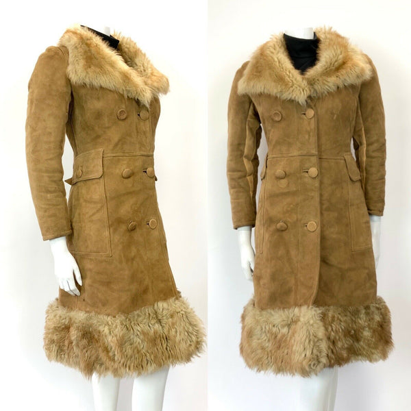VTG 60s 70s CAMEL BROWN SUEDE SHEARLING DOUBLE-BREASTED BOHO PRINCESS COAT 12