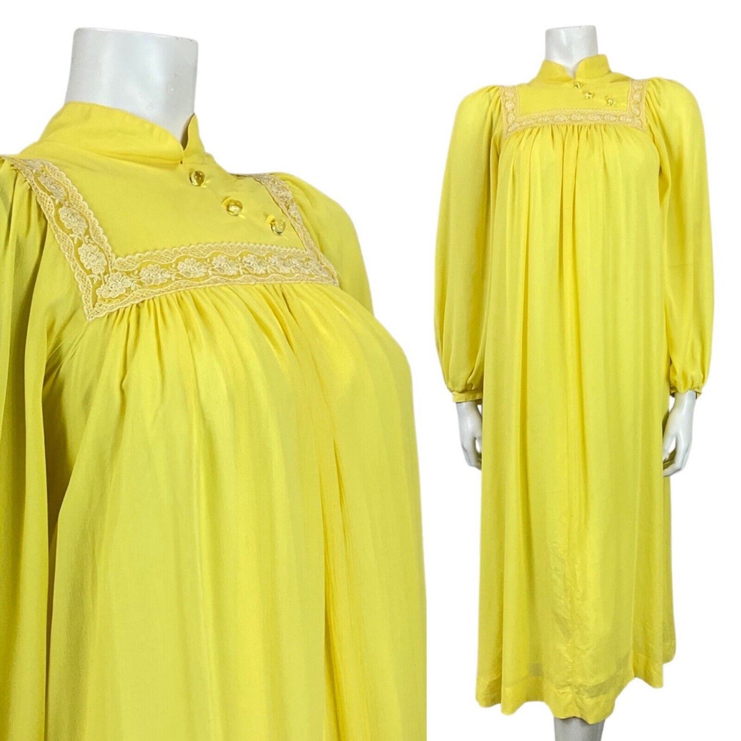 VINTAGE 70s PASTEL YELLOW LACE BOHO PRAIRIE EMPIRE LINE FLARED MIDI DRESS 8