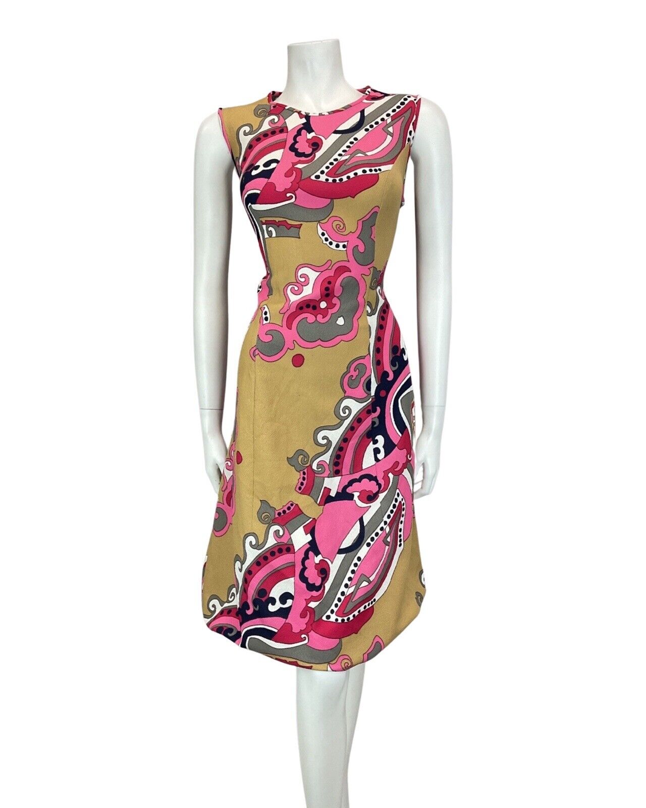 VINTAGE 60s 70s PINK BEIGE GREY PSYCHEDELIC SWIRL MOD SLEEVELESS DRESS 10 12