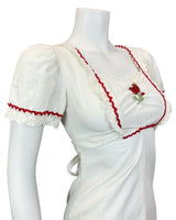 VTG 60s 70s WHITE RED EMBROIDERED ROSE RIC RAC CROCHET BOHO FOLK SUMMER DRESS 6