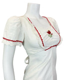 VTG 60s 70s WHITE RED EMBROIDERED ROSE RIC RAC CROCHET BOHO FOLK SUMMER DRESS 6