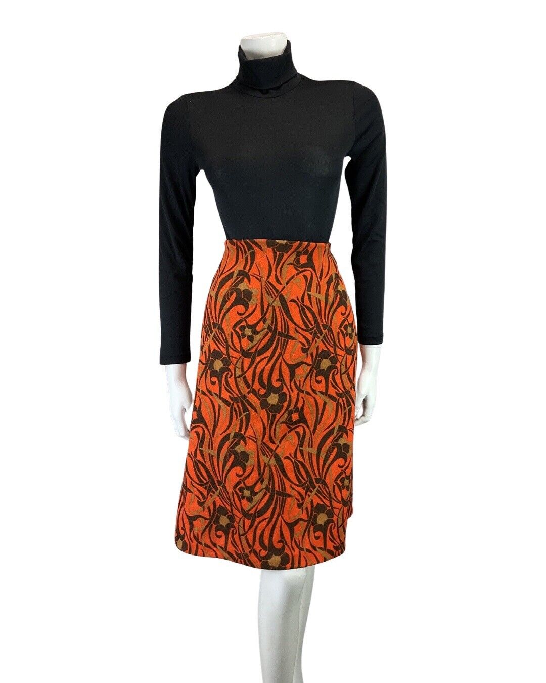 VINTAGE 60s 70s ORANGE BROWN GOLD PSYCHEDELIC SWIRL FLORAL MOD MIDI SKIRT 12