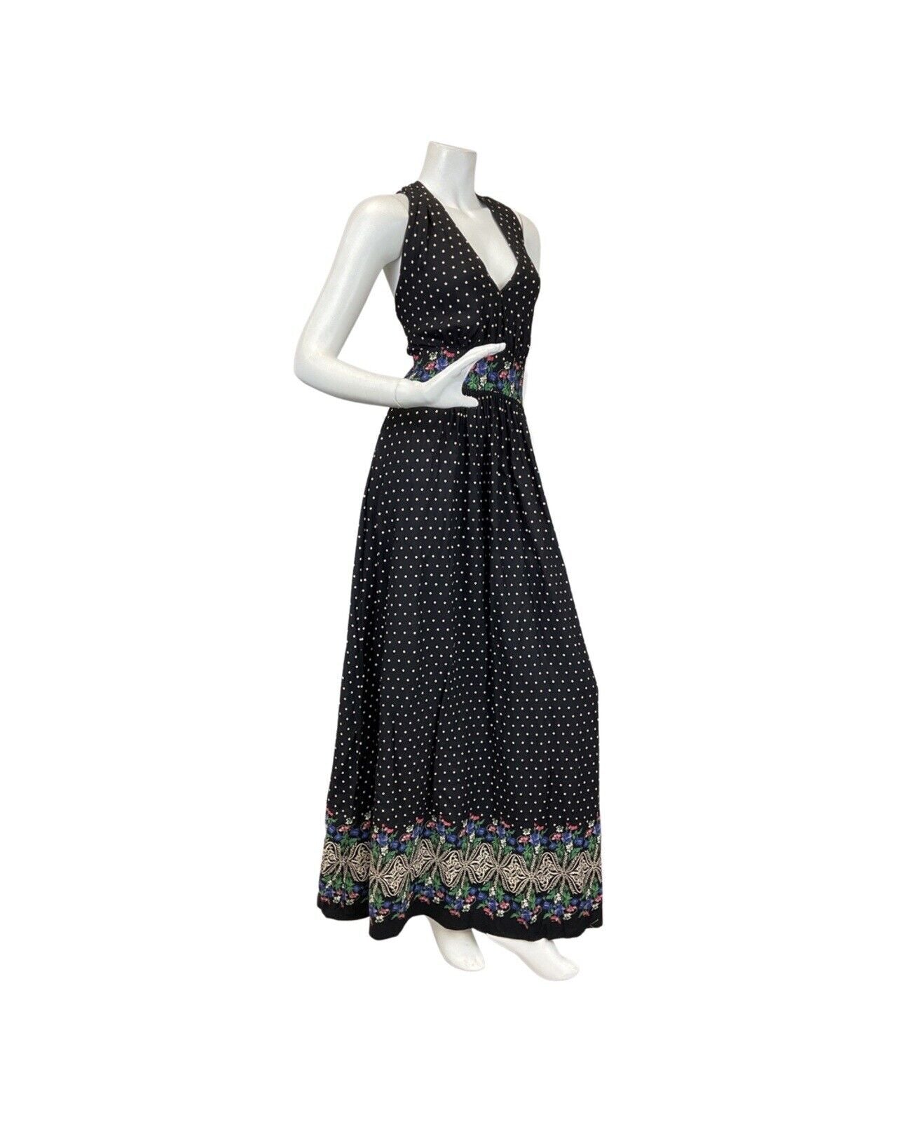 VINTAGE 60s 70s BLACK WHITE BLUE FLORAL POLKA-DOT SUMMER HALTER MAXI DRESS 10