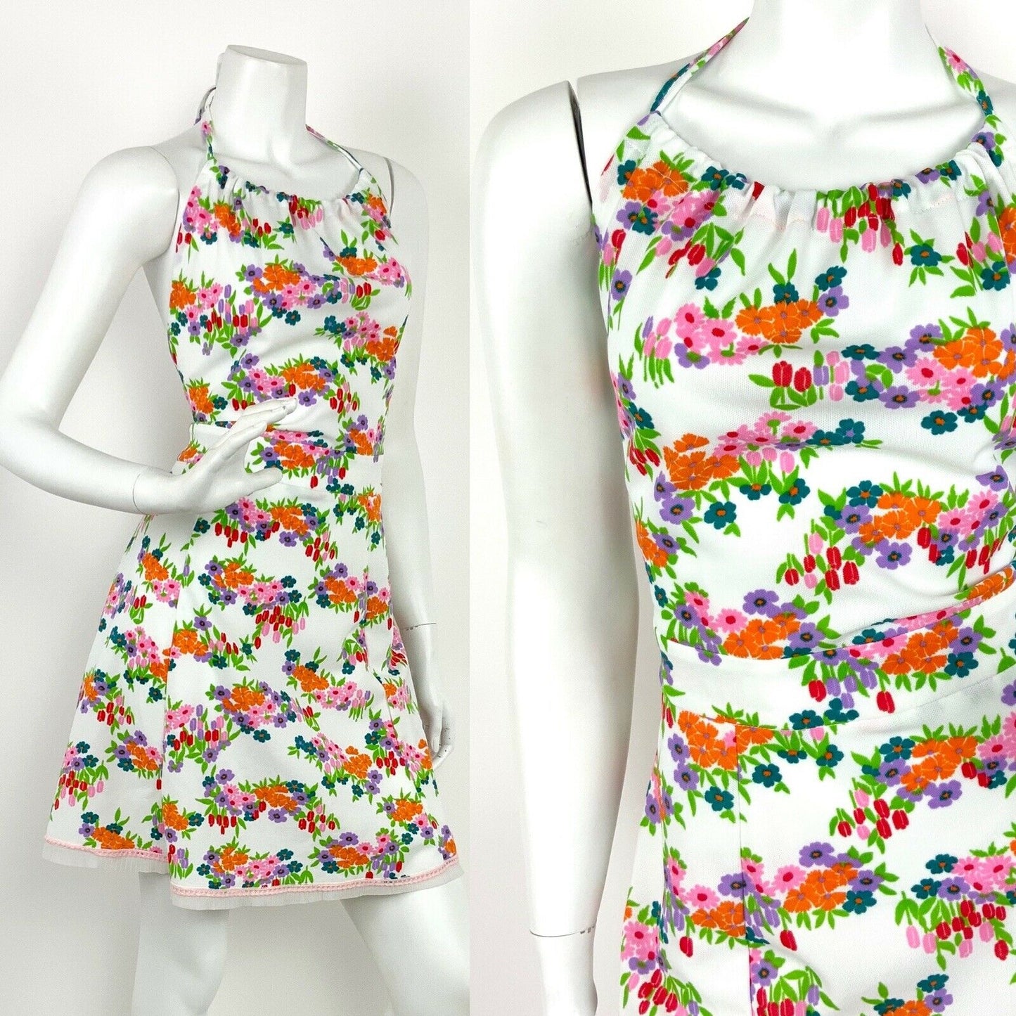 VINTAGE 60s 70s WHITE PINK ORANGE PURPLE GREEN FLORAL DAISY HALTER MINI DRESS 12